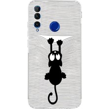 PrintiFy Huawei Honor 20 Lite Kamera Korumalı Kapak Çizgi Kedi (Beyaz) Tasarımlı Şeffaf Kılıf