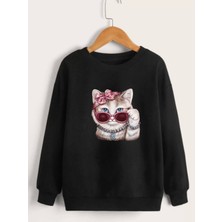 Modaoe Çocuk Unisex Gözlüklü Tatlı Kedi Baskılı Sweatshirt - Siyah