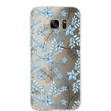 PrintiFy Samsung Galaxy S7 Edge Kapak Floral Mavi Tasarımlı Şeffaf Süper Silikon Kılıf