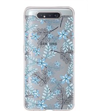 PrintiFy Samsung Galaxy A80 Uyumlu Kapak Floral Mavi Tasarımlı Şeffaf Süper Silikon Kılıf