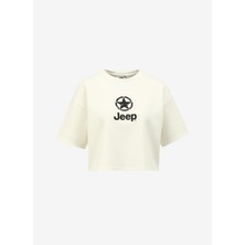 Jeep Bisiklet Yaka Baskılı Kırık Beyaz Kadın T-Shirt J4SL-TST7027