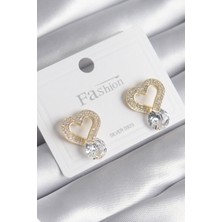 Fy Butik Pirinç Gold Renk Zirkon Taşlı Kalp Model Damla Zirkon Taş Detay Kadın Küpe