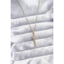 Fy Butik 316L Çelik Zincir Gold Renk Zirkon Taşlı Anahtar Model Kadın Kolye