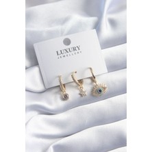 Fy Butik Pirinç Gold Renk Zirkon Taşlı Göz Model Yıldız Detay 3'lü Kadın Küpe Seti