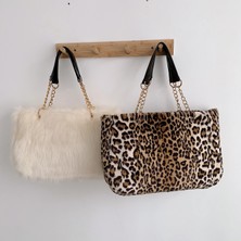 Qiuming Shop Leopar Tarzı Faux Kürk Büyük Kapasiteli Leopar Crossbody Çanta Kadın Kış Peluş Omuz Askılı Çanta Bayanlar Sıcak Çanta Kız Noel (Yurt Dışından)