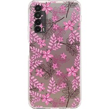 PrintiFy Huawei P Smart 2019 Kamera Korumalı Kapak Floral Pembe Tasarımlı Şeffaf Kılıf