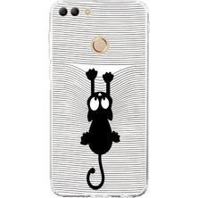 PrintiFy Huawei Y9 2018 Kamera Korumalı Kapak Çizgi Kedi (Beyaz) Tasarımlı Şeffaf Kılıf