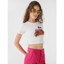Koton Crop Tişört Baskılı Bisiklet Yaka