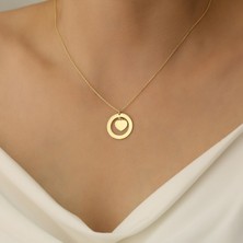 Nox Jewelry 14 Ayar Altın Mikron Kaplama Şık Tasarım Daire İçinde Kalp Figürlü Gümüş Kolye - CN00208