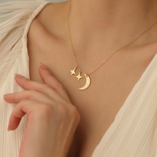 Nox Jewelry 14 Ayara Mikron Kaplama Kişiye Özel Harf Detaylı Ay Yıldız Gümüş Kolye - CN00233