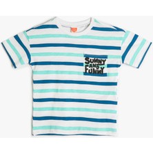 Koton Çizgili Tişört Kısa Kollu Cep ve Baskı Detaylı Pamuklu