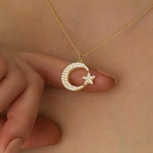 Nox Jewelry 14 Ayar Mikron Altın Kaplama Taşlı Ay Yıldız Kolye – Minimal Işıltılı Kadın Kolye - CNS00115