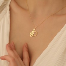 Nox Jewelry 14 Ayar Mikron Kaplama Kişiye Özel İsimli Müzik Anahtarı Kalp Gümüş Kolye - CN00239