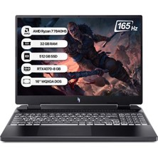 Acer Nitro 16 AN16-41 Amd Ryzen 7 7840HS 32 GB 512 GB SSD Rtx 4070-8 GB Freedos 16" Wqxga 165 Hz Taşınabilir Bilgisayar NH.QLJEY.003-32