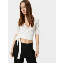 Koton Kruvaze Balon Kol Crop Tişört Önden Bağlamalı Dokulu