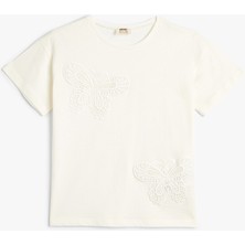 Koton Tişört Kelebek Aplikeli Bisiklet Yaka Pamuklu