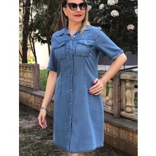 Akşen Giyim Büyük Beden Ince Kot Denim Kumaş Boydan Düğmeli Iki Cepli Kısa Kol Jeans Elbise