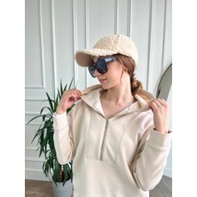 Ekru Kapüşonlu Fermuarlı Sweatshirt