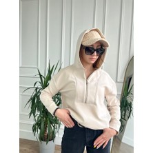 Ekru Kapüşonlu Fermuarlı Sweatshirt