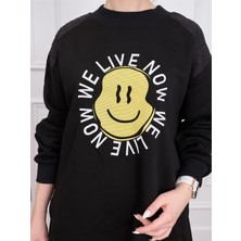 Smile Baskılı Siyah Sweatshirt