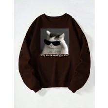 Ginevra Unisex Bisiklet Yaka Kedi Baskılı Oversize Salaş Kesim Polar Sweatshirt