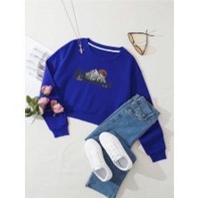 Ginevra Kadın Mountain Baskılı Crop Içi Polarlı Oversize Sweatshirt