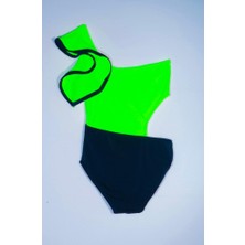 Neon Yeşil Kolu Volan Detaylı Kız Çocuk Mayo Db200566cm