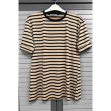 SFG Life Moda Kadın Bisiklet Yaka ve Kolu Duble Kol Eteği Yırtmaçlı Çizgili T-shirt Tunik