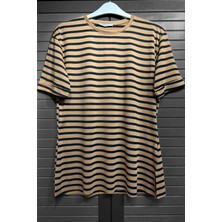 SFG Life Moda Kadın Bisiklet Yaka ve Kolu Duble Kol Eteği Yırtmaçlı Çizgili T-shirt Tunik