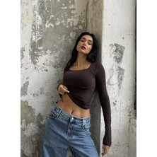 Minaaise Acı Kahve Kare Yaka Uzun Kollu Slimfit Basic Body 27053