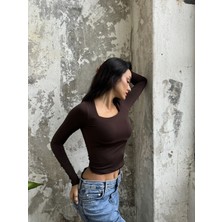 Minaaise Acı Kahve Kare Yaka Uzun Kollu Slimfit Basic Body 27053