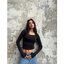 Minaaise Siyah Kare Yaka Uzun Kollu Slimfit Basic Body 27053