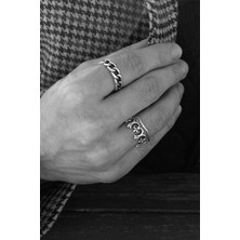 CAPO By Aytaç Yamaç Antik Kral Tacı ve Ince Zincir Figürlü Ikili Yüzük Seti Ayarlanabilir Eskitme Gümüş Kaplama