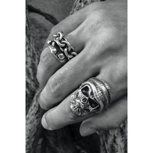 CAPO By Aytaç Yamaç Motorcu Tarzı Ikili Yüzük Seti Zincir Hipster Kurukafa Ayarlanabilir