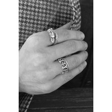 CAPO By Aytaç Yamaç Antik Kral Tacı ve Zümrüdü Anka Kuşu Figürlü Ikili Yüzük Seti Ayarlanabilir Eskitme Gümüş Kaplama