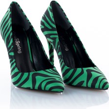 ShoeSSpring Ince Topuklu Yeşil Zebra Desenli Stiletto