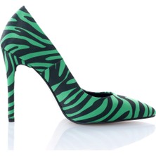 ShoeSSpring Ince Topuklu Yeşil Zebra Desenli Stiletto