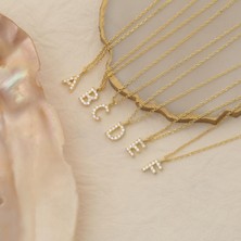 Nox Jewelry 14 Ayar Mikron Altın Kaplama Taşlı Baş Harf Gümüş Kolye – Minimal Işıltılı Alfabe Kolye - CNS00171