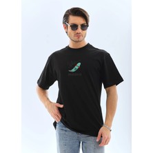 Tarz Yeri Unisex Oversize Baskılı Bisiklet Yaka T-Shirt - Siyah