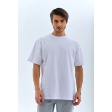 Tarz Yeri Unisex Oversize Düz Bisiklet Yaka T-Shirt - Beyaz