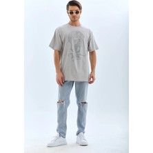 Tarz Yeri Unisex Oversize Taşlı Bisiklet Yaka T-Shirt - Gri