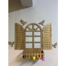 Woodhub 5+ Ahşap Rengi Kuşlu Pencere Temalı Çiçeklik Ahşap Mdf Lazer Kesim 3mm Duvar Süsü Kahverengi Klasik