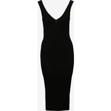 Fabrika Comfort V Yaka Düz Siyah Midi Kadın Elbise FC4SL-ELB0513
