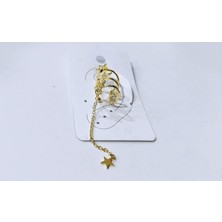 Cesicey Earcuff Çelik Zirkon Taşlı Yıldız Sallantılı 3 Yıldız Altın Renk Küpe