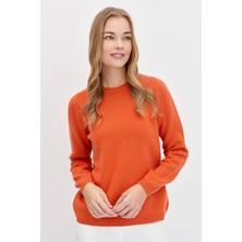 Desen Triko Kadın Sıfır Yaka Klasik Yün Kazak Portakal