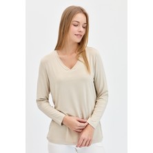 Desen Triko Kadın V Yaka Simli Ribanalı Bluz Bej