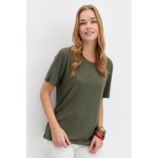 Desen Triko Kadın Sıfır Yaka Flamlı Kumaş Penye T-Shirt Haki