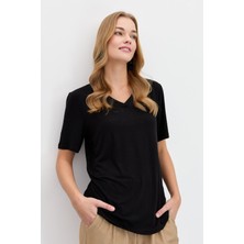 Desen Triko Kadın V Yaka Flamlı Kumaş Basic Tshirt Siyah