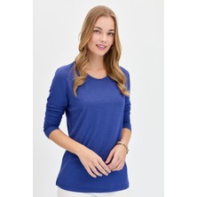 Desen Triko Kadın Sıfır Yaka Flamlı Kumaş Basic Penye Bluz Indigo