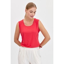 Desen Triko Kadın Sıfır Yaka Flamlı Kumaş Basic Askılı T-Shirt Mercan